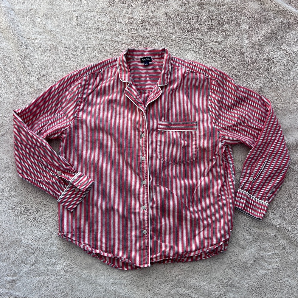 GAP Poplin PJ Shirt, 100% Cotton, Red‎ Stripe, Small